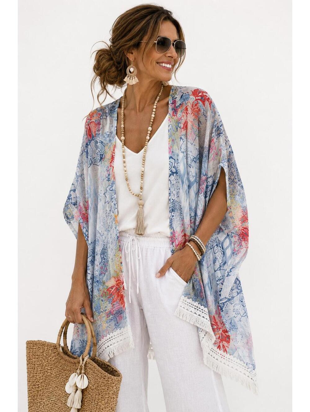 NWT Chico’s Ikat Paradise Floral Ruana Wrap 100% Linen Fringe Boho Kimono L/XL